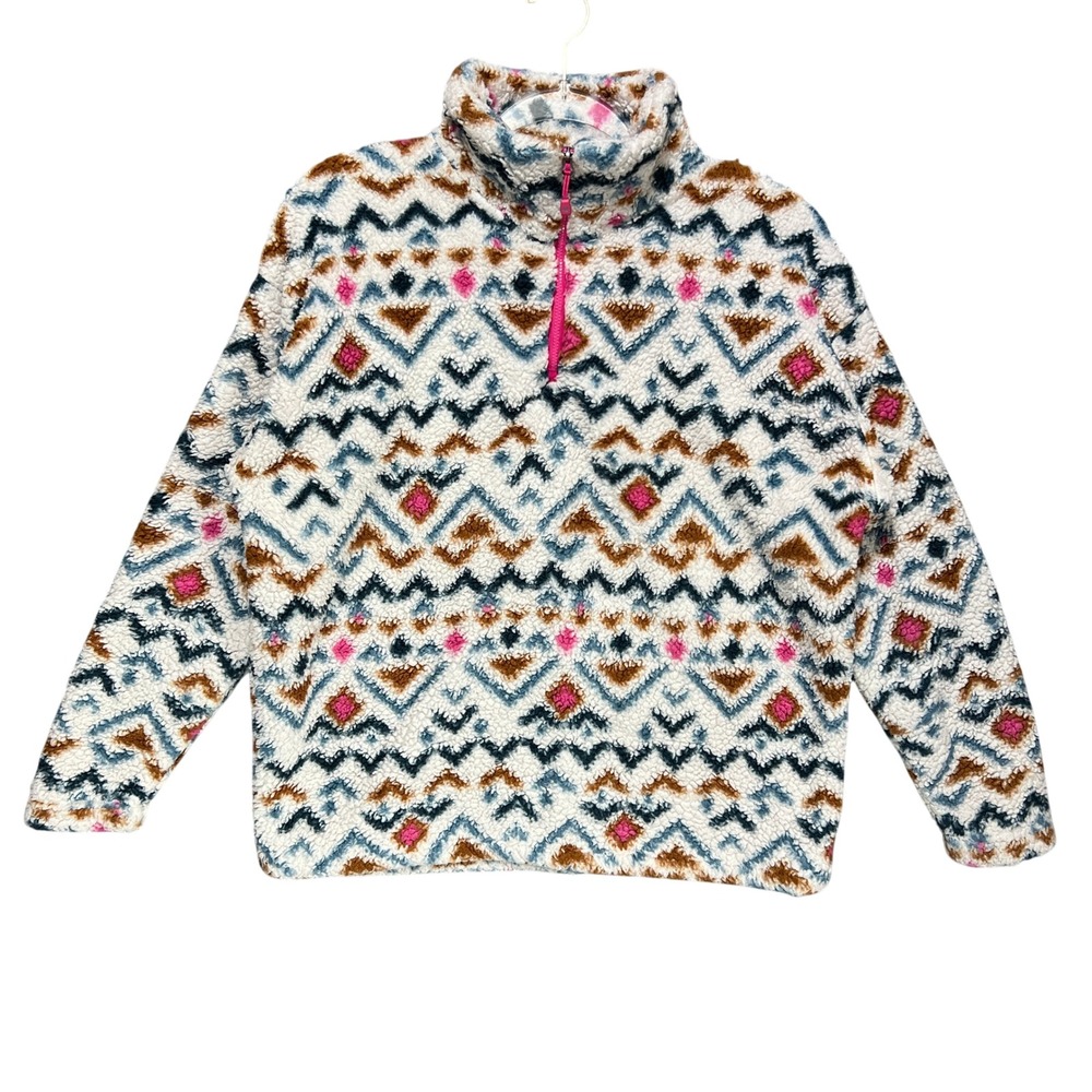 Eddie Bauer Womens L Sherpa Fleece Quarter Zip Pullover Southwestern Geometric
